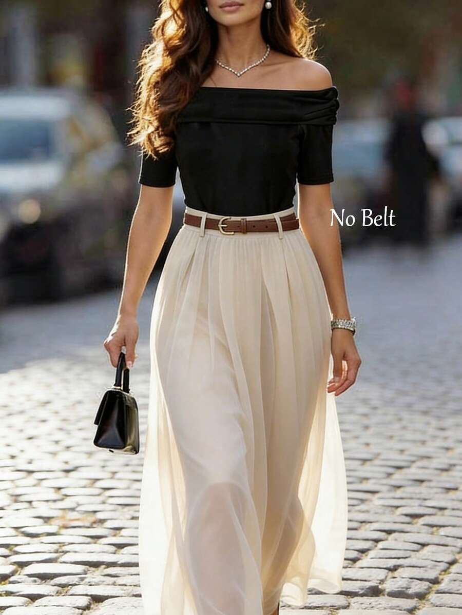 SHEIN Franclia Bộ đồ mới thanh lịch gồm áo đen ôm dáng tay ngắn trễ vai và chân váy mini dáng chữ A bằng vải lưới xuyên thấu màu mơ, đa năng cho cả mặc hàng ngày và đi làm. - Màu be - Xem 1