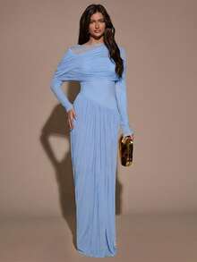 SHEIN BAE Women's Elegant Off Shoulder Solid Color Dress For Party - Baby Blue - View 4