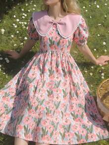 SHEIN Đầm thường ngày bằng vải chiffon họa tiết hoa nhí, cổ Peter Pan, tay áo cánh hoa, dành cho bé gái tuổi teen. - Hồng - Xem 3