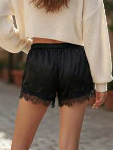 EMERY ROSE Shorts asimétricos de satén con encaje en contraste talla grande - Negro - Ver 2