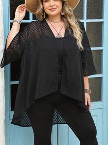 SHEIN CURVE+ Áo khoác dáng rộng kẻ sọc màu trơn cho nữ cỡ lớn, áo khoác kimono đen, áo khoác ngoài đen cho nữ, áo cardigan mỏng đen, trang phục mùa thu cho nữ, áo cardigan cỡ lớn, trang phục mùa thu cho nữ, phong cách mùa thu thanh lịch - màu đen - Xem 7