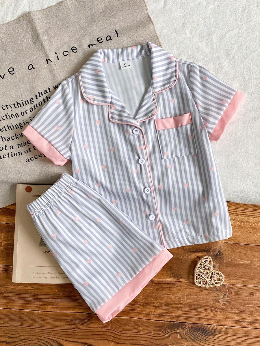 SHEIN 2件組少女睡衣套裝,白色仙女亮片家庭款,淺藍條紋愛心印花翻領短袖短褲睡衣 - 淺粉色 - 查看 1