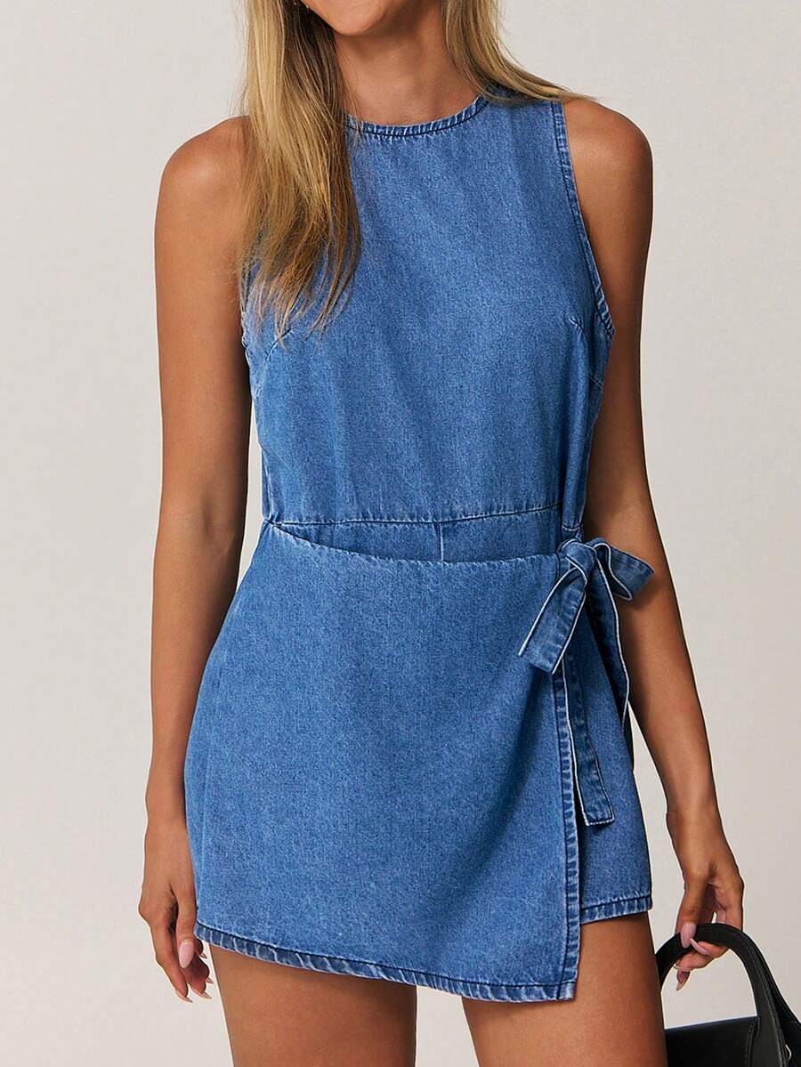 Forever 21 女士无袖系腰牛仔连体衣 - 藍色 - 查看 1