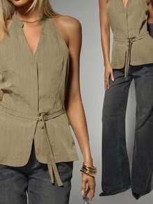 Avantive Spring&Summer Women Romantic/Prom/Formal/Birthday/90s Clothes/Business Casual Woman/Elegant/Western Wear/Going Out/Fashion/Casual/Y2k Clothes/Club/Office /Cocktail/Vintage/Bodycon/Rave Outfits Festival/Funny/Classy/Old Money/Streetwear/Vacation Outfits/Country Concert Outfit/Work Clothes /Modest/Spring Break/Bachelorette Outfits/Concert/Baddie/Basic/Graduation/A Line/1960s Outfit Coachell /V Neck/Sleeveless Top - Khaki - View 6