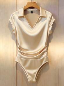 Franclia Women's Summer Fashionable Pleated Luxury Waist-Cinched Polo Collar Bodysuit - Champagne - View 3