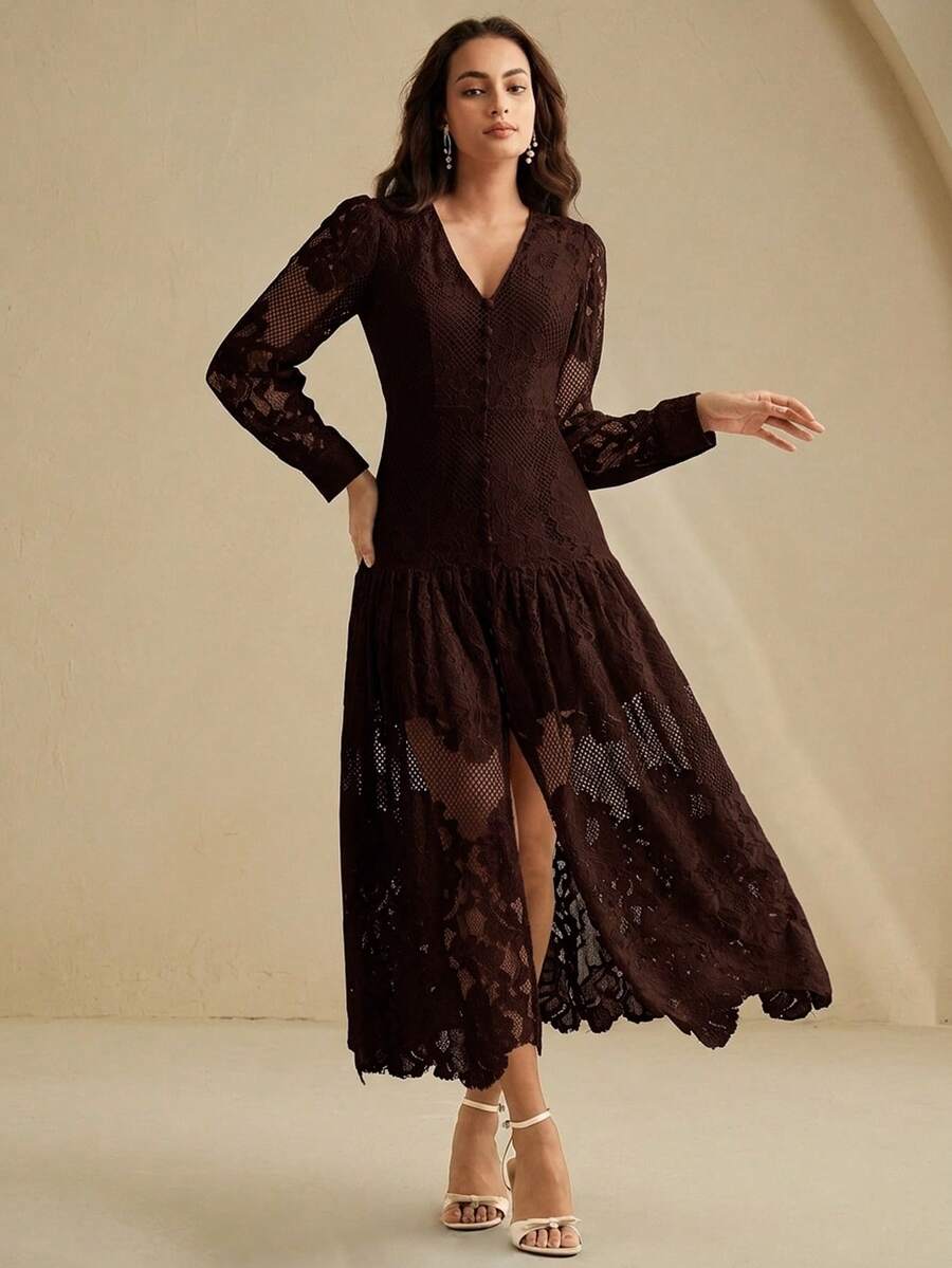 Anewsta Vestido de mujer de manga larga con cuello en V, estilo vintage de playa y vacaciones, con encaje calado - Marrón Chocolate - Ver 1