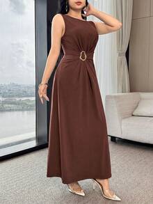 Feyla Waist Ruched, Metal Decor Button, Cinched Waist, Elegant Cocktail Party & Work Versatile Dress - Coffee Brown - View 6