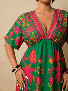 Travachic Vestido de fiesta de moda con cuello en V profundo, fruncido y estampado floral para mujer de talla grande - Multicolor - Ver 1