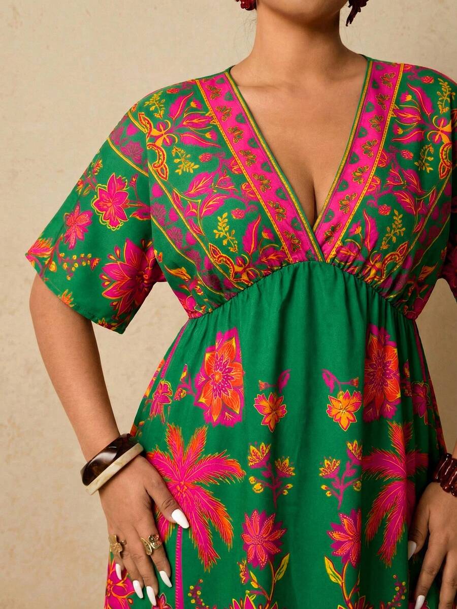 Travachic Vestido de fiesta de moda con cuello en V profundo, fruncido y estampado floral para mujer de talla grande - Multicolor - Ver 1
