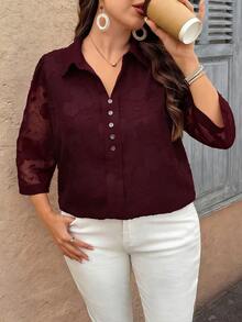 EMERY ROSE Blusa casual de mujer talla grande de unicolor, cuello en V, manga 3/4, decoración con botones, de tela de chifón jacquard - Burdeos - Ver 5