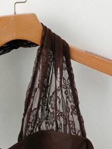 EMERY ROSE Knitted Lace Halter Neck Button Front Slit Hem Cinched Waist Top , Elegant Summer Beach For Women - Brown - View 4