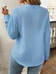 SHEIN Franclia 女士纯色纽扣休闲百搭日常衬衫商务休闲女式上衣女式衬衫休闲现代女士衬衫 - 淺藍色 - 查看 7