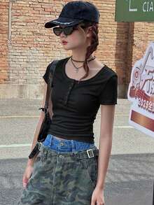 Dazy Kids Teen Girl Fitted Solid Color Short Sleeve T-Shirt Summer - Black - View 7