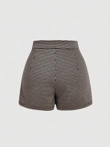 SHEIN MOD 女士千鸟格开衩下摆休闲阔腿裤 - 棕色 - 查看 3