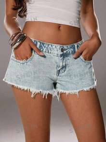 SHEIN TRNDY Damshorts med fransad fåll och fickor, avslappnade - Blå - Visa 7