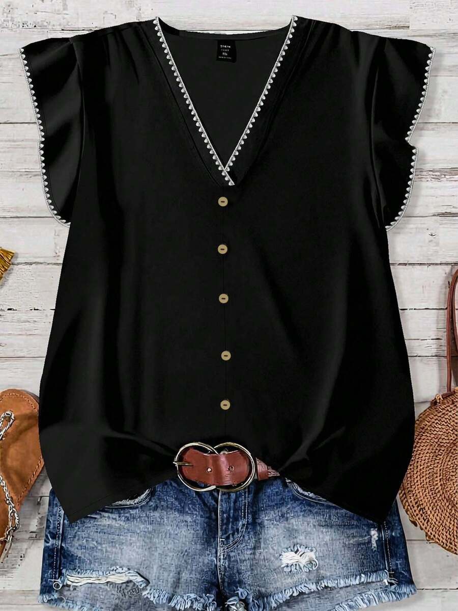 EMERY ROSE Plus Size Women Casual Vacation Shell Flower Crafted V-Neck Cap Sleeve Breezy Elegant Loose Blouse, Summer - Black and White - View 1