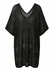 Swim Vcay Cubierta de talla grande negra con mangas tipo murciélago y cuello en V para primavera/verano en vacaciones de playa, con diseño de huecos - Negro - Ver 6