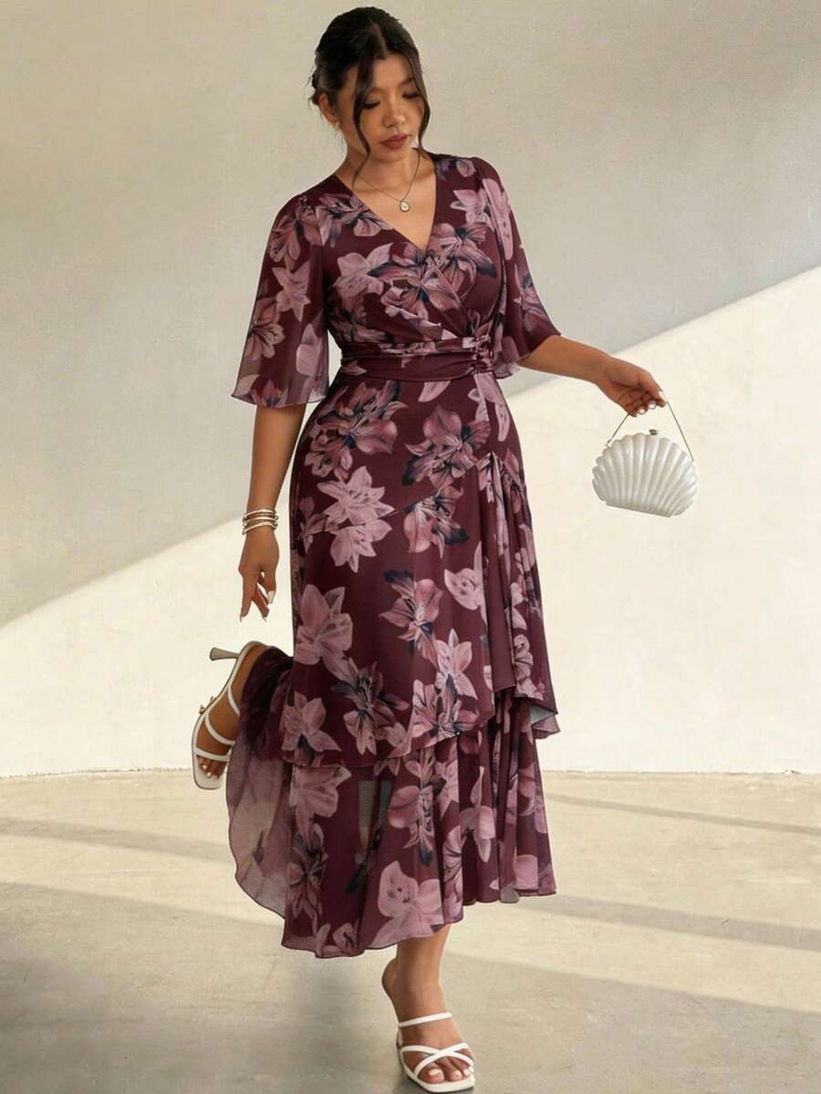 Modelyn Plus Size V-Neck Floral Print Ruched Waist Elegant Party Christening Guest Evening Formal Wedding Dress Burgundy Autumn Fall - Multicolor - View 1