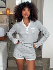 DAZY Bộ 2 món gồm áo croptop tay dài và quần short thêu họa tiết dành cho nữ, thích hợp mặc mùa xuân/hè. - Màu xanh nhạt - Xem 1