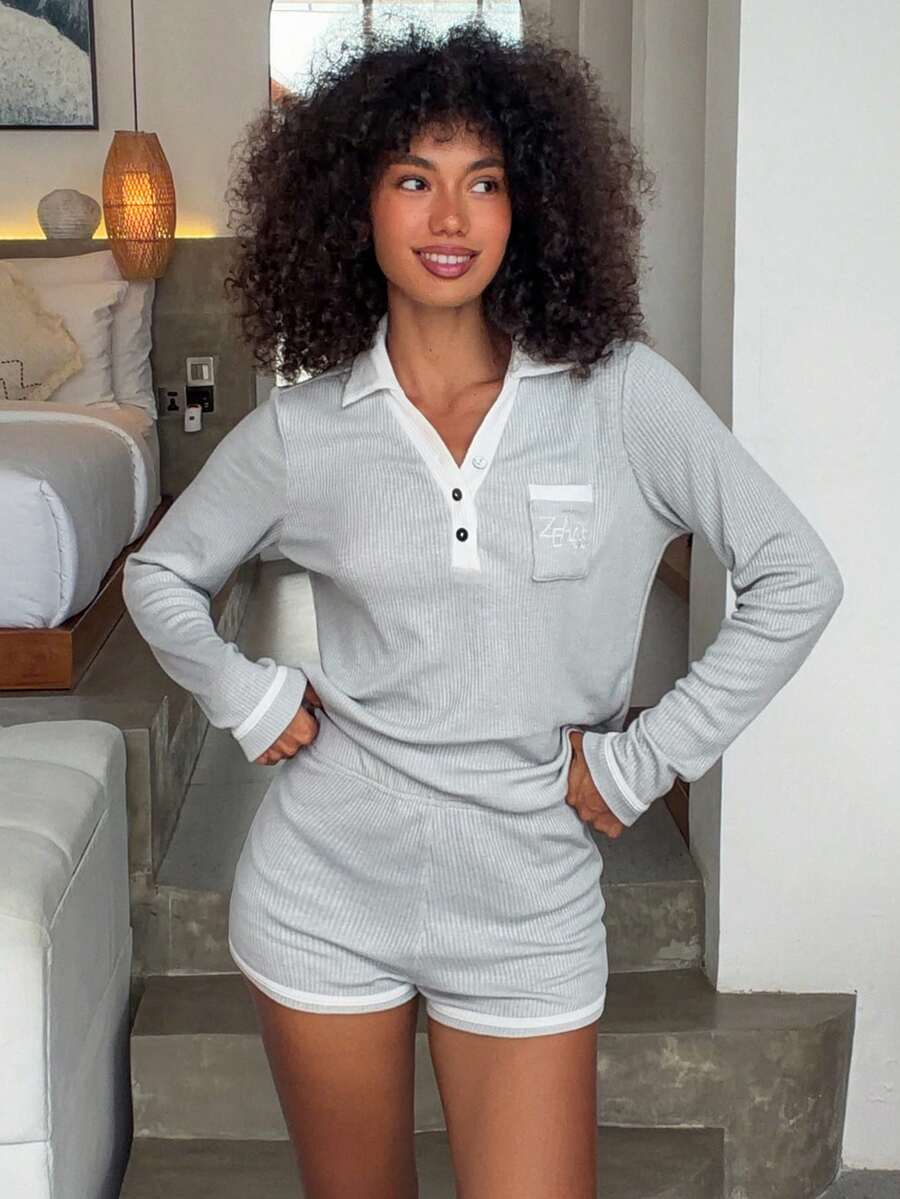 DAZY Bộ 2 món gồm áo croptop tay dài và quần short thêu họa tiết dành cho nữ, thích hợp mặc mùa xuân/hè. - Màu xanh nhạt - Xem 1