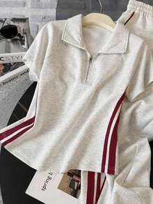 Resyla 大码女式休闲条纹套头短袖上衣+侧边隐藏口袋阔腿裤套装，轻薄夏季 - 淺灰色 - 查看 4