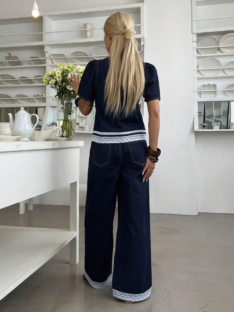 Women's Casual Vacation Style Loose Short Sleeve Shirt And Long Straight Leg Jeans Set, Spring/Summer