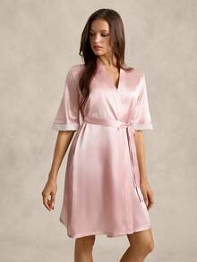 EverLounge Women's Elegant Charmeuse & Lace Cinched Waist Robe, Summer - Pink - View 5