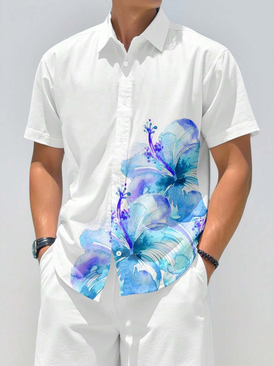 Chillumni Camicia casual da uomo a maniche corte con bottoni frontali e stampa floreale, adatta per l'uso quotidiano estivo - Multicolore - Visualizzare 1