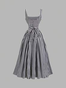 SHEIN Sweetro French Romantic Plaid Flared Skirt Sweet Puff Dress Spaghetti Strap Summer Dress For Women - Black and White - View 2