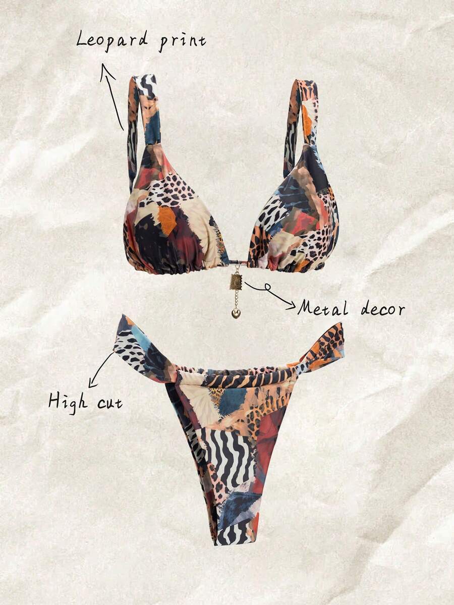 Elavelle Conjunto de bikini sexy con estampado de leopardo para mujer, ideal para verano en la playa, estampado al azar