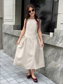 Firerie Kids Firerie Kids 女童蝴蝶结装饰撞色中长连衣裙，卡其色，休闲日常穿着，通勤，时尚百搭，适合外出、节日、聚会、拍照等场合。 - 杏色 - 查看 3