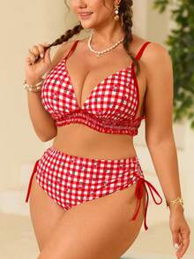 Swim Mod Plus Size Women's Swimwear, Sweet & Cute Beach Holiday Random Red Cherry Print Tie-Front Ruffle 2-Piece Set - Red - View 5