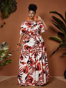Maweii Plus Size Women White Summer Boho Party Holiday Floral Elegant One-Shoulder Lantern Sleeve Drawstring Maxi High Slit Irregular 2-Piece Set - Multicolor - View 3