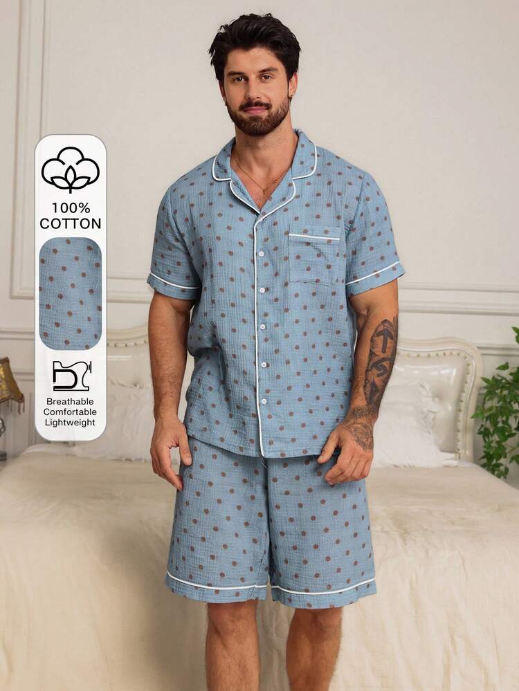 Men's Summer Short Sleeve Shirt And Shorts Polka Dot Pajama Set