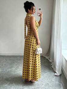 Modelyn New Retro French Polka Dot Halter Neck Dress, Fashionable Elegant Casual Vacation Style Waist Cinched Dress For Women - Yellow - View 2
