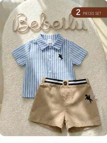 2pcs Baby Boy Horse Pattern Lapel Short Sleeve Cardigan And Elastic Waist Shorts Set - Multicolor - View 10