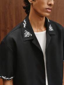 TOKVUE 男士复古落肩短袖宽松休闲衬衫，夏季 - 黑色 - 查看 4