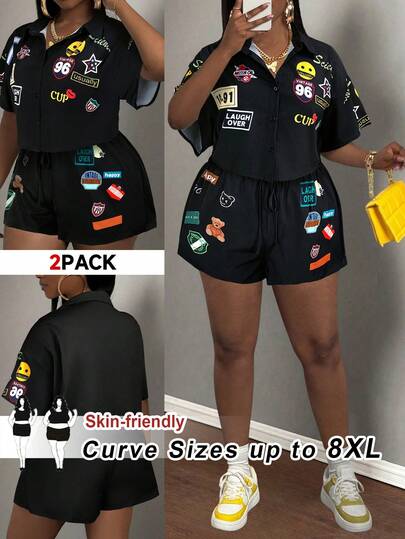 SHEIN CURVE+ Bộ hai món dành cho nữ cỡ lớn, thích hợp mặc thường ngày, dạo phố và mùa xuân/hè, kiểu dáng hoạt hình vui nhộn, có túi, kết hợp với đồ công sở.