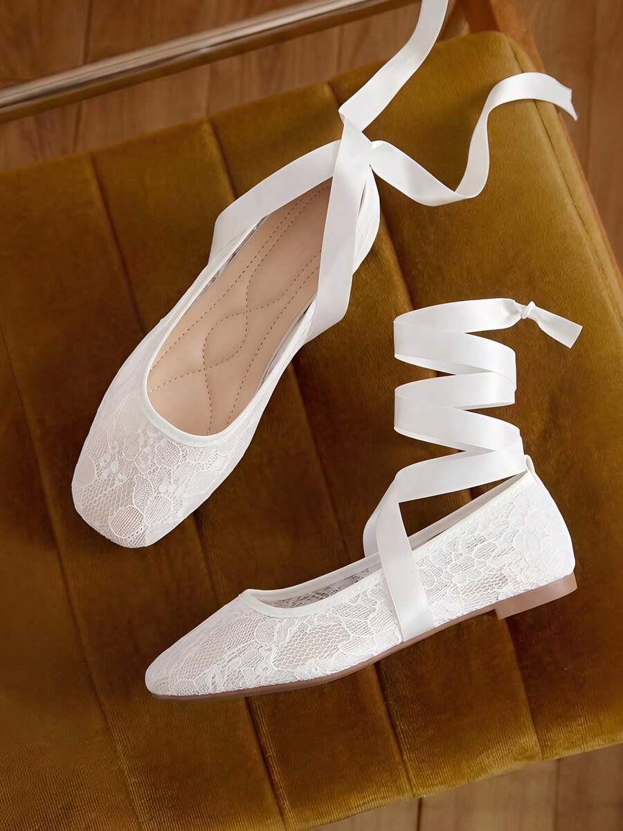 蝴蝶结夏季新款女士平底鞋，舒适透气蕾丝网面平底鞋，时尚休闲温柔优雅芭蕾舞鞋 - 白色 - 查看 1
