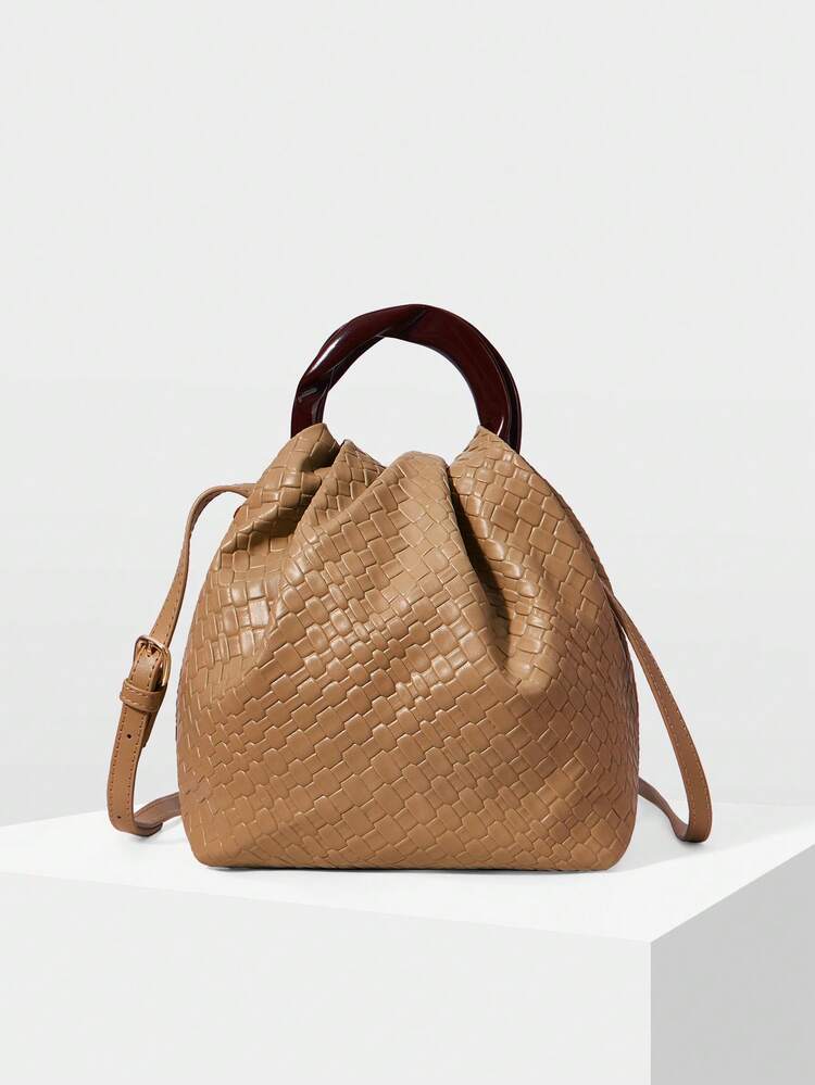 LADIES BROWN HANDBAG, EXQUISITE AND SIMPLE VACATION WOVEN PU HANDBAG, ROUND HANDLE, OLD MONEY STYLE, VACATION STYLE, RETRO STYLE, SUITABLE FOR LADIES, MOTHERS, COMMUTE, VACATION, DAILY, SHOPPING, TRAVEL