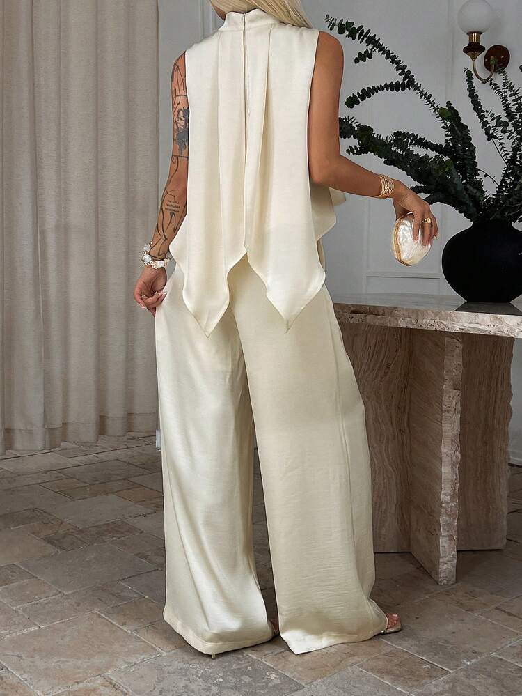 Women's Loose Casual Sleeveless Top And Wide Leg Pants 2 Pieces Set, Suitable For Spring And Summer