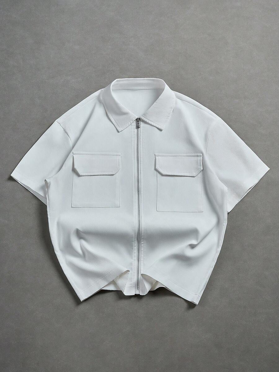 Manfinity EMRG Men's Casual Solid Color Minimalist Zip-Up Short Sleeve Shirt - White - View 1