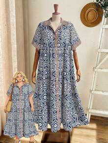 Rusticease Vestido casual de vacaciones con estampado geométrico talla grande para mujeres, vestidos de verano, ropa de verano para mujeres, vestido de primavera para mujeres, vestido de verano, atuendos de verano, ropa de verano, vestido de primavera, atuendo de primavera, ropa de primavera para mujeres, estilo campestre para mujeres, vestido campestre para mujeres, atuendos de vacaciones para mujeres, atuendos de festival para mujeres, atuendos de playa para mujeres - Multicolor - Ver 7