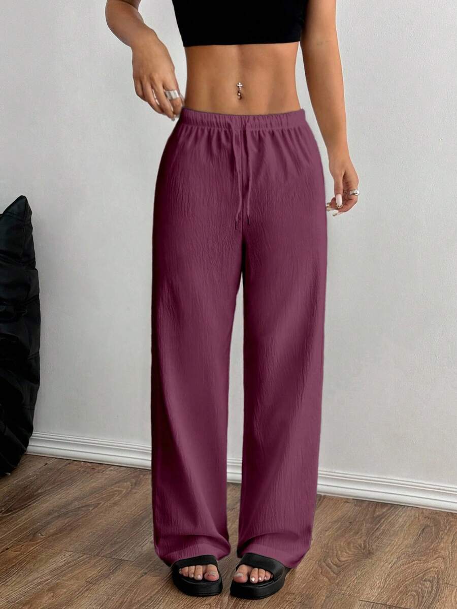 SHEIN Unity Women's Solid Color Elastic Waist Drawstring Loose Straight Leg Pants - Purple - View 1