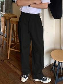 Manfinity Homme 男士加大码纯色阔腿裤，带扣腰带和口袋，日系风格，宽松黑色阔腿裤，特大码，宽松版型，设计师款裤子 - 黑色 - 查看 3