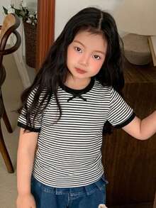 DAZY 女童圓領條紋短袖休閒T恤，適合秋冬夏季 - 白色 - 查看 7