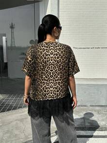 Muchica 休闲简约豹纹不对称下摆荷叶边宽松圆领短袖T恤，适合夏季和音乐节穿着。 - 彩色 - 查看 2