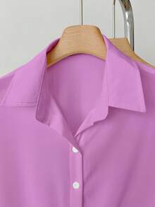 女士纯色长袖单排扣休闲衬衫 - 紫色 - 查看 3