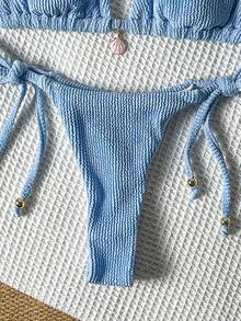 Swim Mod 女士提花面料挂脖金属装饰性感比基尼套装，夏季比基尼套装，女士夏季泳装两件套，塑形泳衣，沙滩装，女士沙滩装两件套比基尼套装，泳装沙滩装，比基尼套装，女士比基尼套装，女士泳装套装 - 藍色 - 查看 5