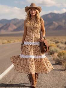 LanaWest Women's Casual Cashew Flower Ruffle Hem Dress - Yellow - View 4